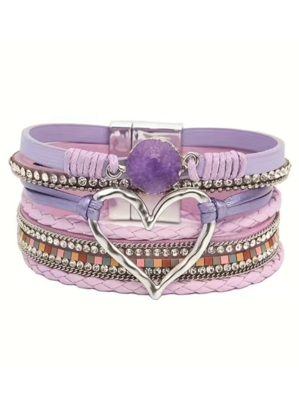 Lavender Purple Leather Multi Layer Heart Crystal Druzy Magnetic Bracelet